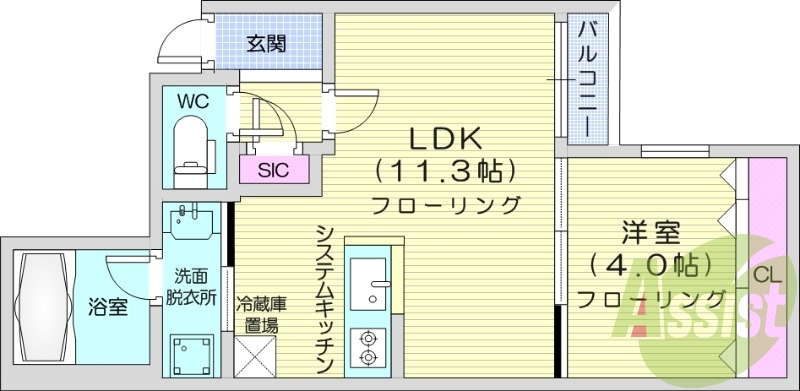 1LDK、エアコン、都市ガス、システムキッチン