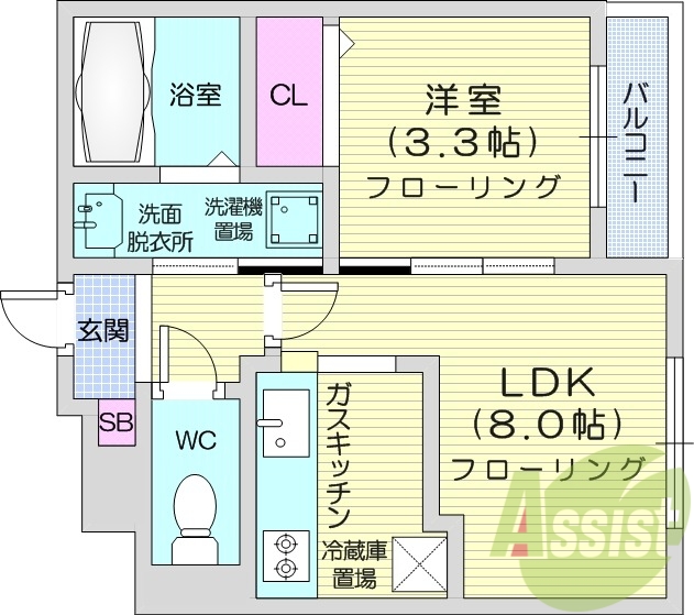 1LDK、エアコン、灯油FF暖房、シャワートイレ