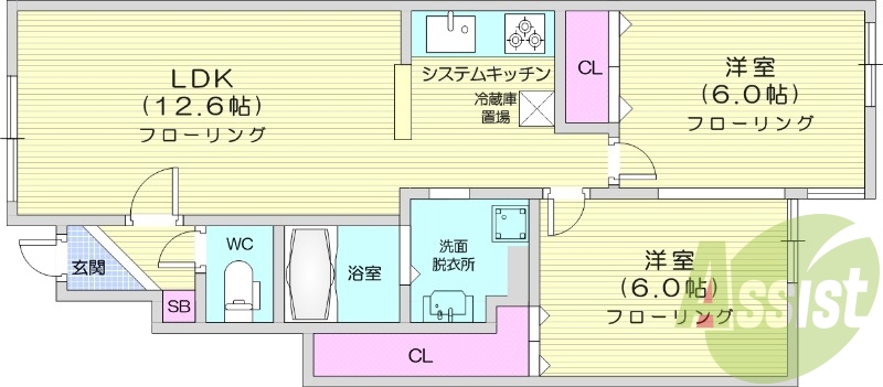 2LDK、エアコン、ペット可、追い焚き、システムキッチン