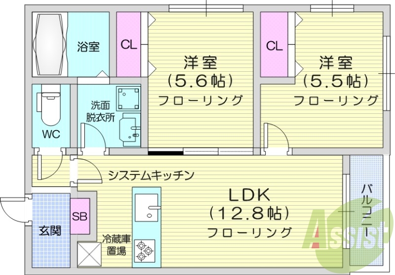 2LDK、ペット可、追い焚き、エアコン、対面システムキッチン