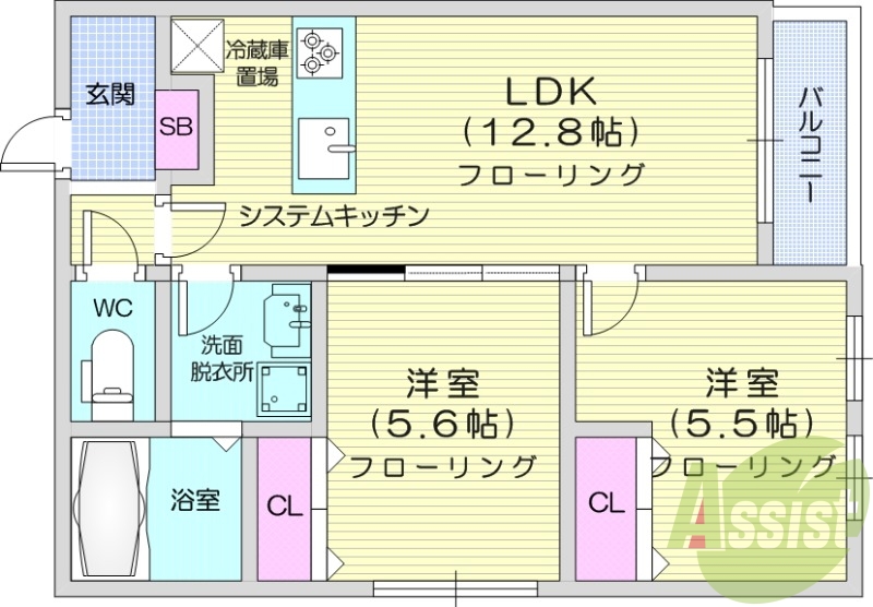 2LDK、ペット可、追い焚き、エアコン、対面システムキッチン