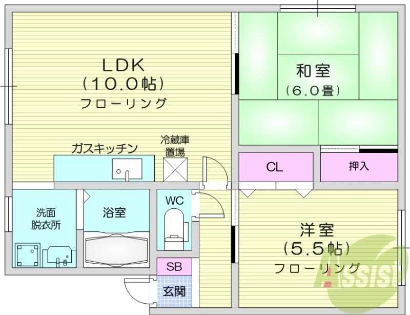 ２LDK、洗髪洗面化粧台、灯油暖房、トランクルーム