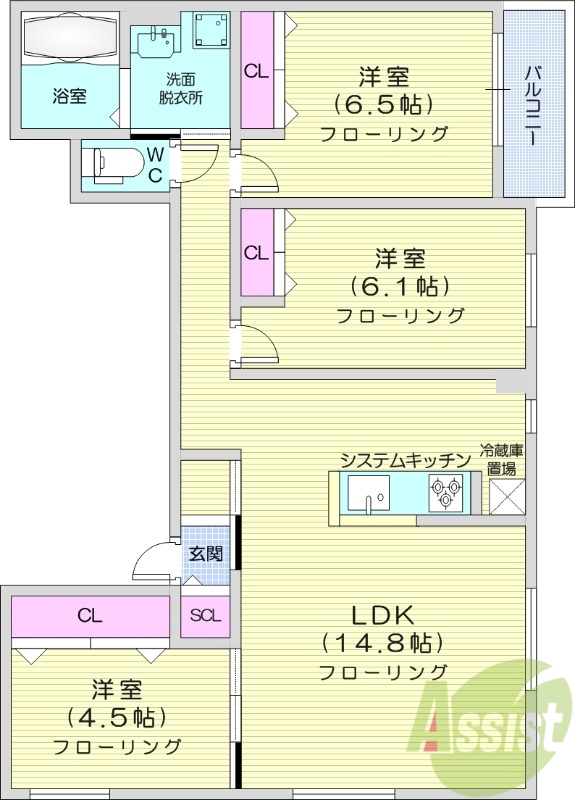 3LDK、エアコン、都市ガス、ペット可、ネット無料