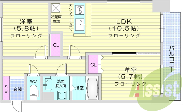 2LDK　独立洗面台、クローゼット、ウォシュレット