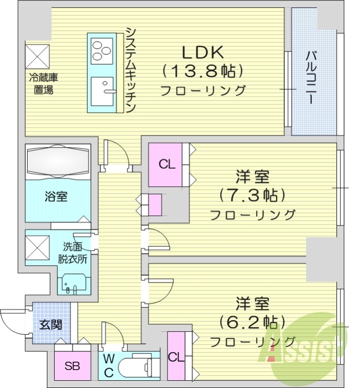 2LDK、クローゼット、システムキッチン、ウォシュレット