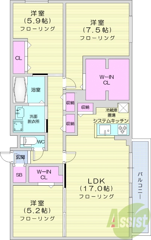 3LDK、都市ガス、エアコン、バルコニー