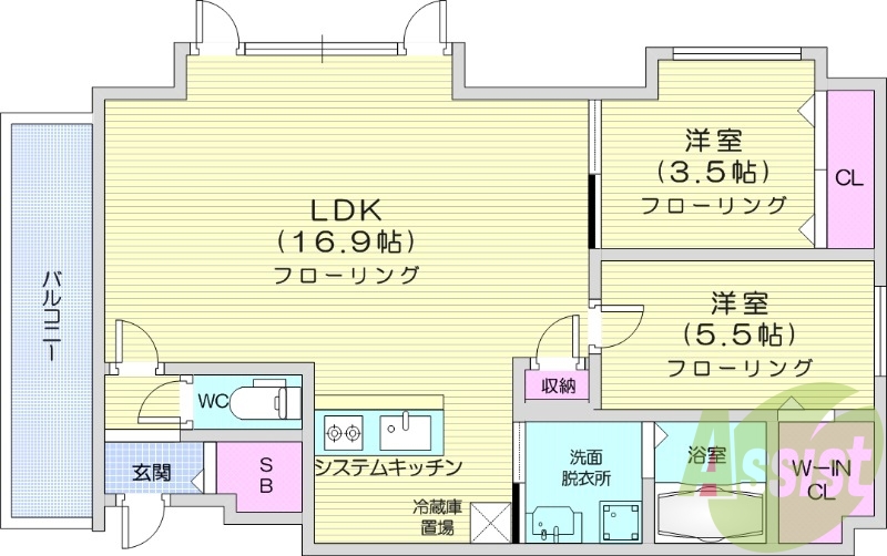 2LDK、都市ガス、エアコン、システムキッチン、浴室乾燥機