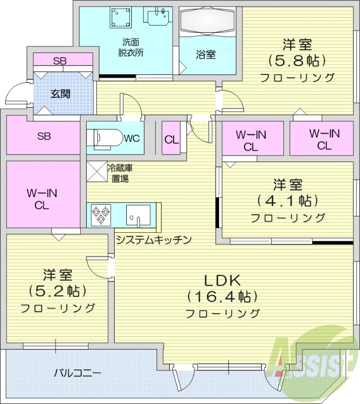 3LDK、都市ガス、エアコン、システムキッチン、浴室乾燥機