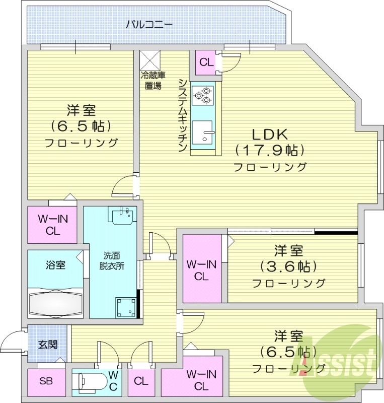 3LDK、都市ガス、エアコン、システムキッチン、浴室乾燥機