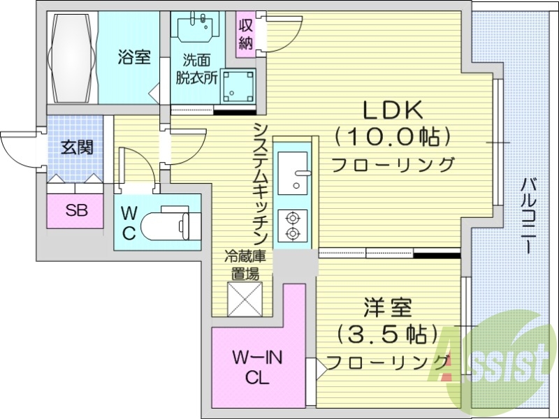 1LDK、都市ガス、エアコン、システムキッチン、浴室乾燥機