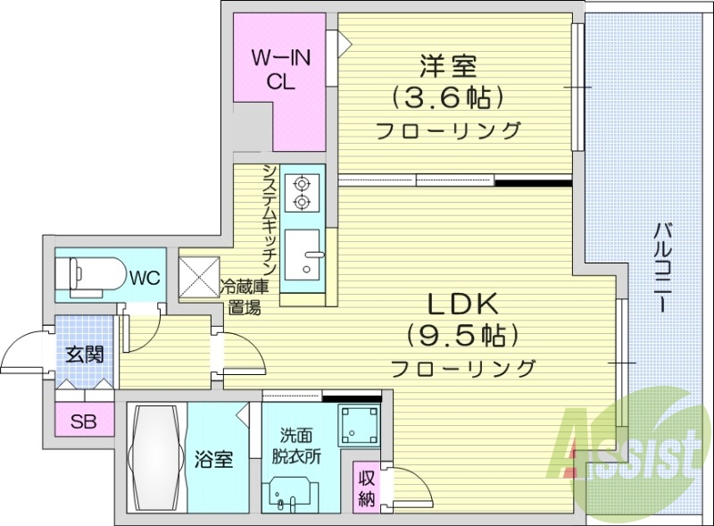 1LDK、都市ガス、エアコン、システムキッチン、浴室乾燥機