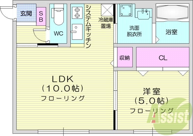 1LDK、エアコン、都市ガス、システムキッチン