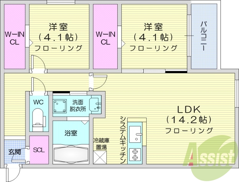 2LDK、都市ガス、エアコン、システムキッチン、ネット無料