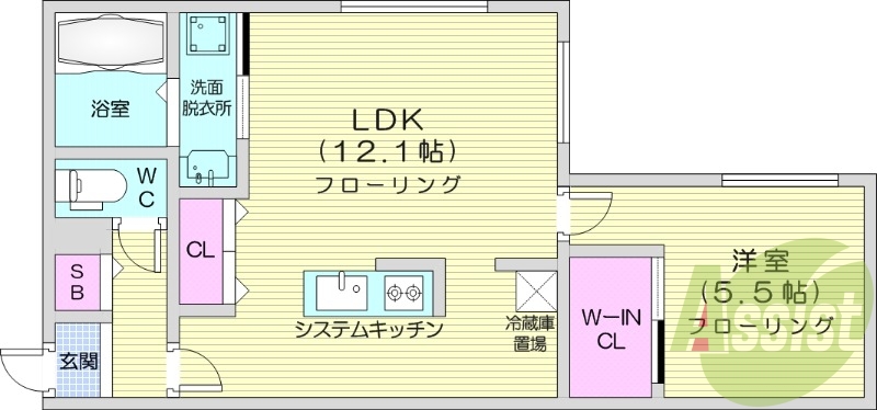 1LDK、エアコン、都市ガス、システムキッチン