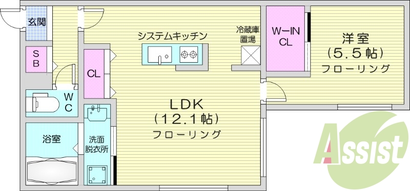 1LDK、エアコン、都市ガス、システムキッチン