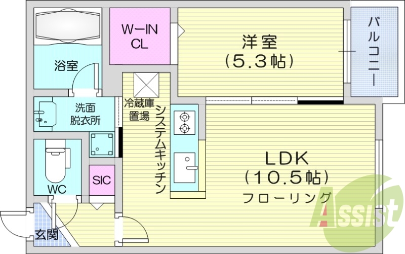 1LDK、エアコン、都市ガス、システムキッチン