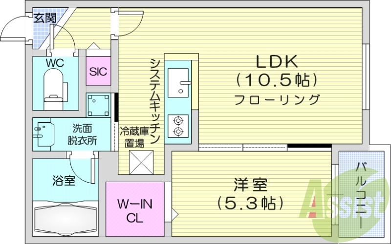 1LDK、エアコン、都市ガス、システムキッチン