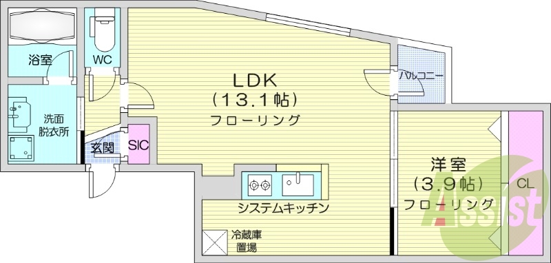 1LDK、エアコン、都市ガス、システムキッチン