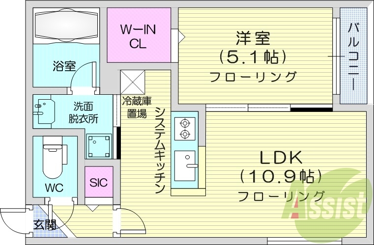 1LDK、エアコン、都市ガス、システムキッチン