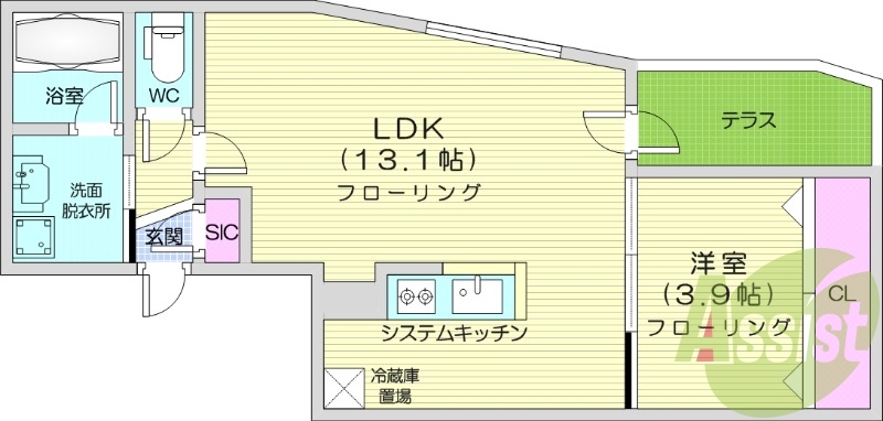 1LDK、エアコン、都市ガス、システムキッチン