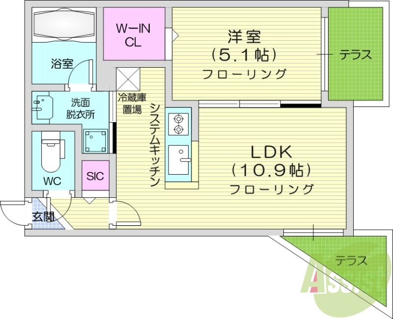 1LDK、エアコン、都市ガス、システムキッチン
