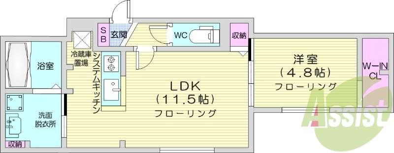 1LDK、エアコン、都市ガス、システムキッチン