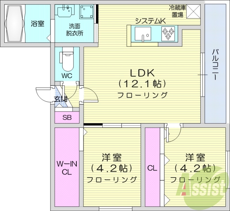 2LDK、エアコン、都市ガス、ネット無料