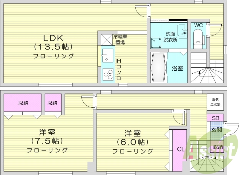 2LDK、戸建、エアコン、独立洗面台、バストイレ別