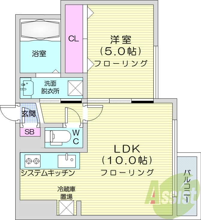 1LDK、クローゼット、都市ガス、洗面脱衣所、対面キッチン