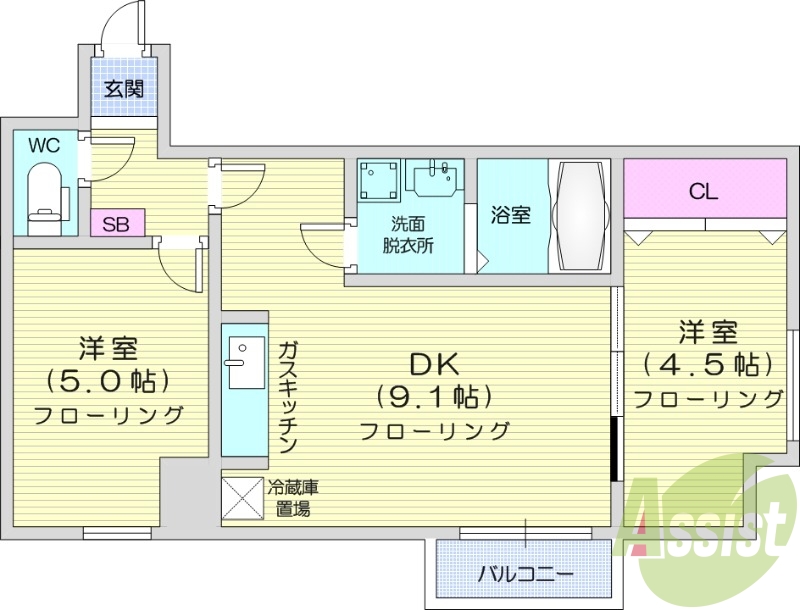 2LDK、バストイレ別、オートロック、エアコン