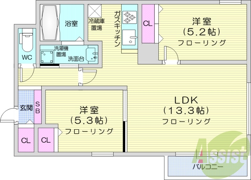 2LDK、都市ガス、ネット無料、エアコン付、追焚き、浴室乾燥