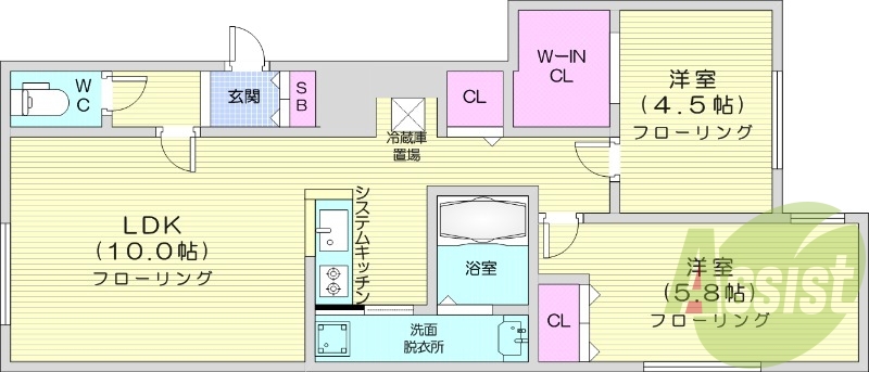 2LDK、エアコン、システムキッチン、追い焚き