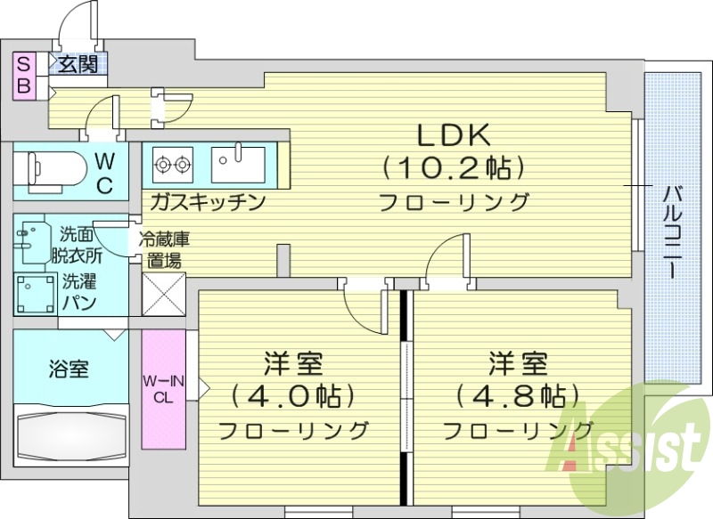 2LDK、都市ガス、オートロック、バルコニー
