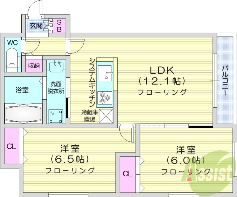 2LDK、都市ガス、追い焚き、エアコン、システムキッチン