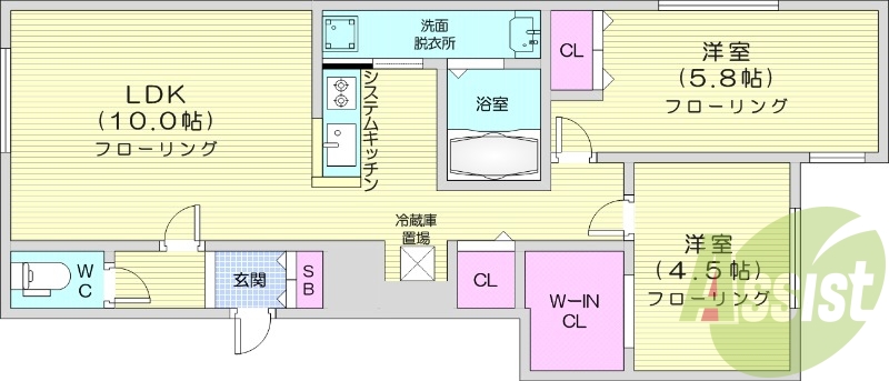 2LDK、エアコン、システムキッチン、追い焚き