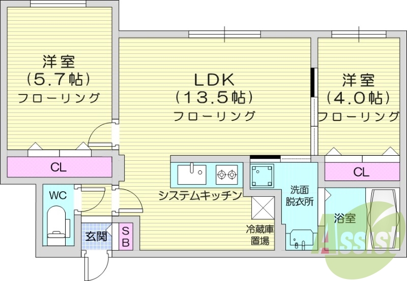 2LDＫ、エアコン、システムキッチン、ペット可