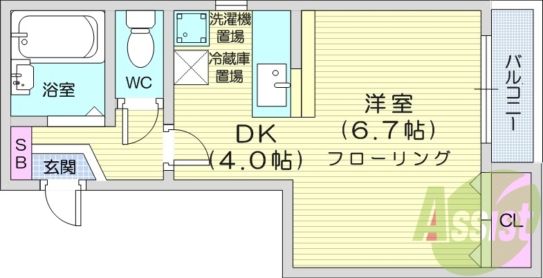 1DK、ガスFF暖房、バルコニー、対面キッチン