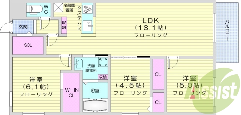 3LDK、エアコン、ペット可、システムキッチン