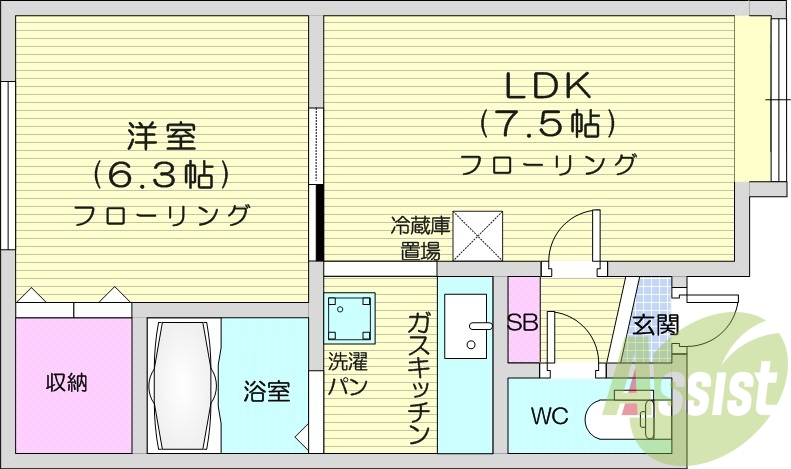 1LDK、灯油暖房、バストイレ別、独立型キッチン