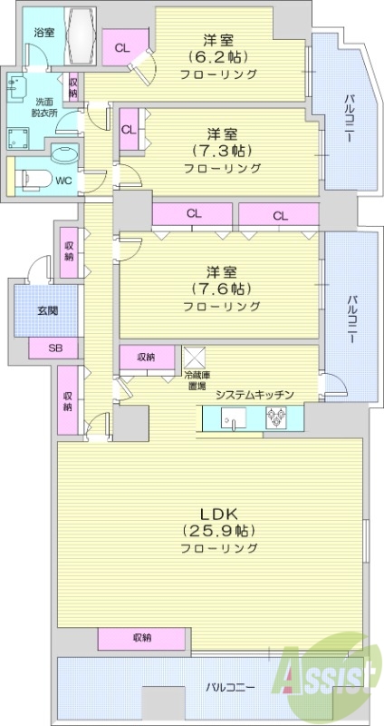 3LDK、バルコニー、クローゼット、追い焚き、浴室乾燥機