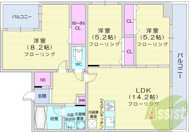 3LDK、角部屋、都市ガス、エアコン、追い炊き