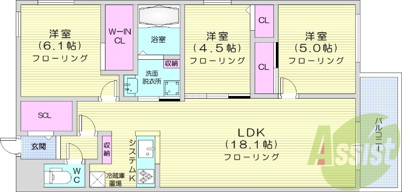 3LDK、エアコン、ペット可、システムキッチン