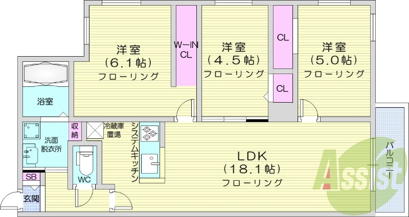 3LDK、エアコン、ペット可、システムキッチン