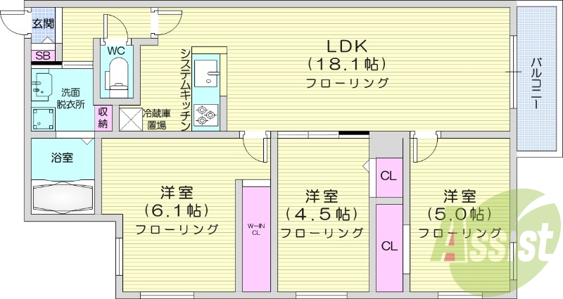 3LDK、エアコン、ペット可、システムキッチン