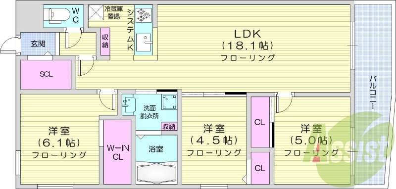 3LDK、エアコン、ペット可、システムキッチン