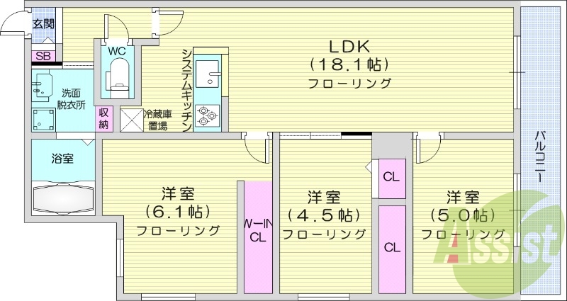3LDK、エアコン、ペット可、システムキッチン