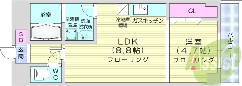 1LDK、エレベーター、オートロック、独立洗面台