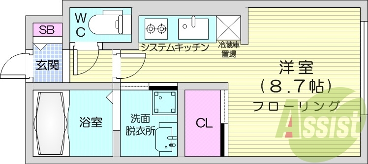 1K、エアコン、システムキッチン、ネット無料