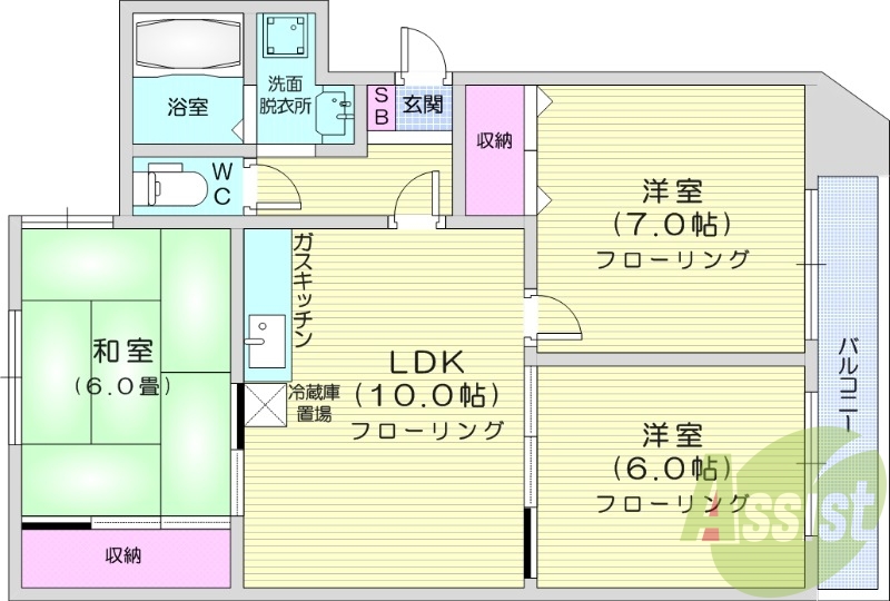 3LDK、都市ガス、エアコン、独立洗面台