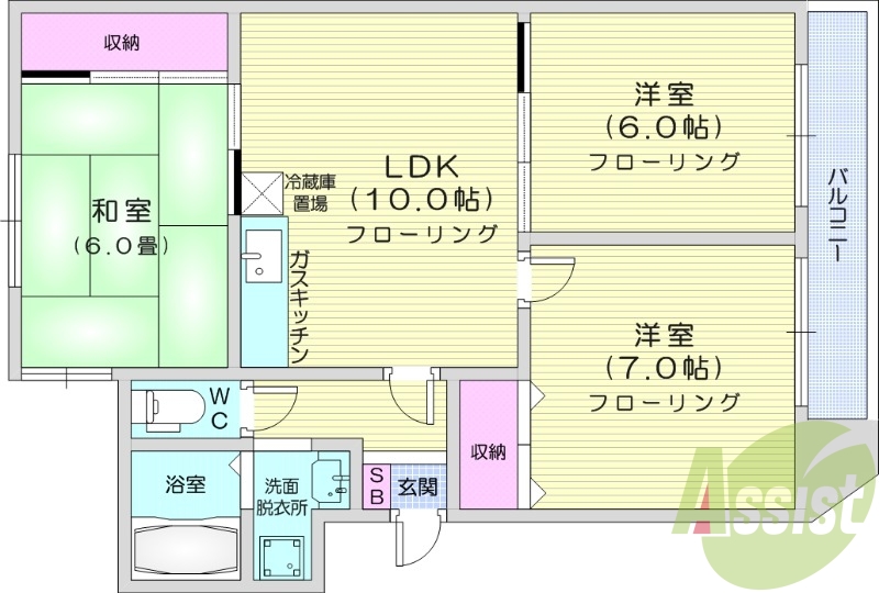 3LDK、都市ガス、エアコン、独立洗面台